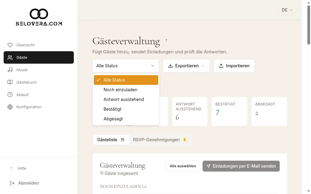 Gästeliste mit Statusfilter