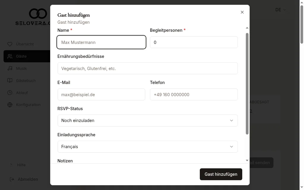 Dialog Gast hinzufügen mit Begleitperson und Einladungssprache