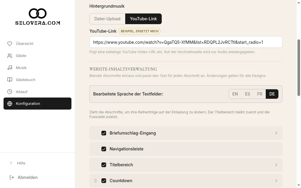 Hintergrundmusik mit Datei-Upload und YouTube-Link