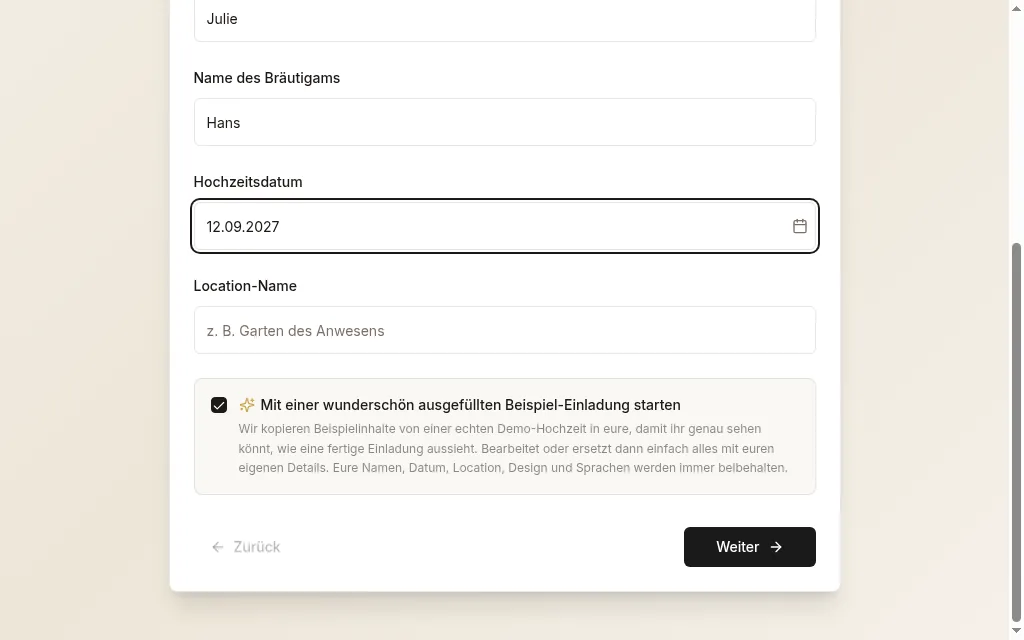 Schritt Paar der Einrichtung, ausgefüllt mit Julie und Hans