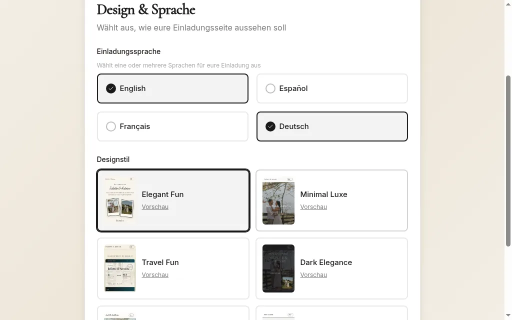 Schritt Design und Sprache, mit gewähltem Design und Sprachen