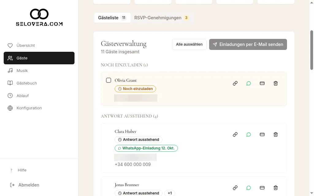 Gastzeile mit WhatsApp- und Link-kopieren-Symbolen