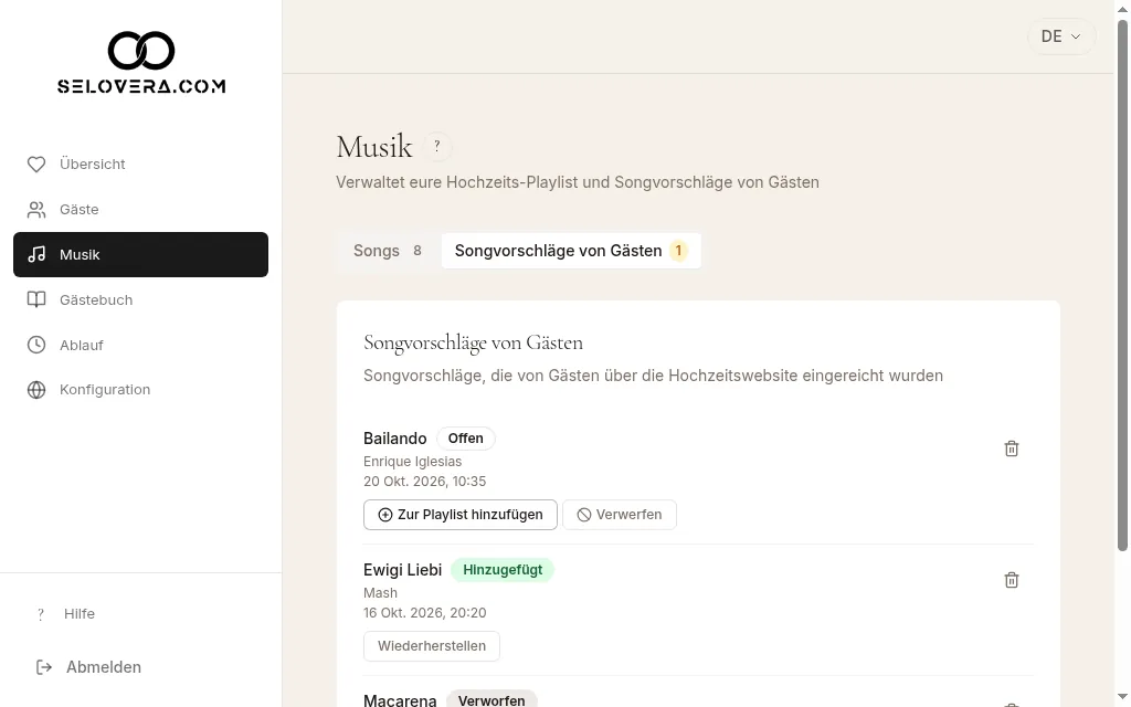 Gästevorschläge mit Zur Playlist hinzufügen und Verwerfen