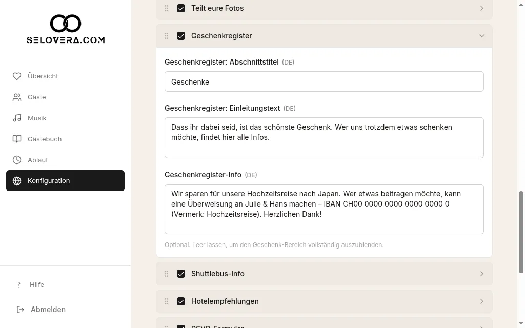 Geschenkregister aufgeklappt