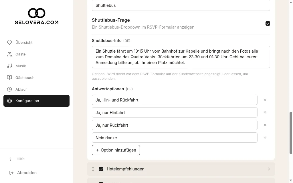 Shuttlebus-Frage mit Antwortoptionen