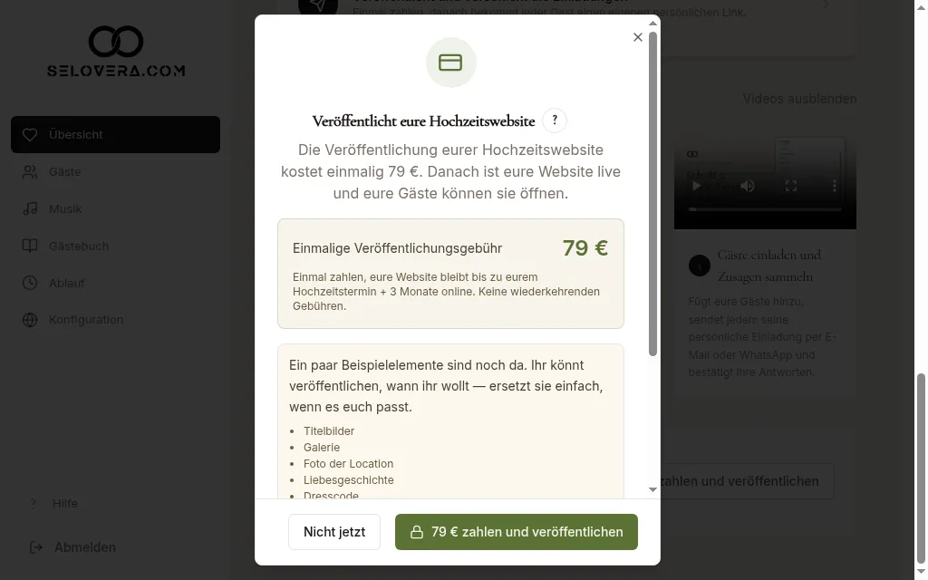 Dialog Hochzeitswebsite veröffentlichen