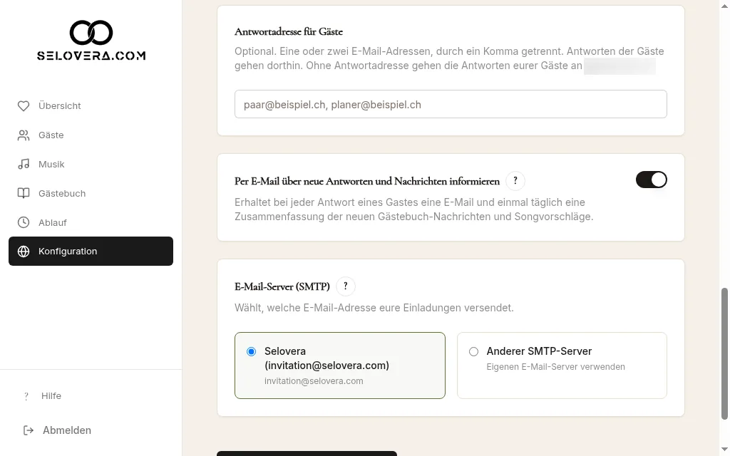 Reiter Versand, Benachrichtigungsschalter und Antwortadresse für Gäste