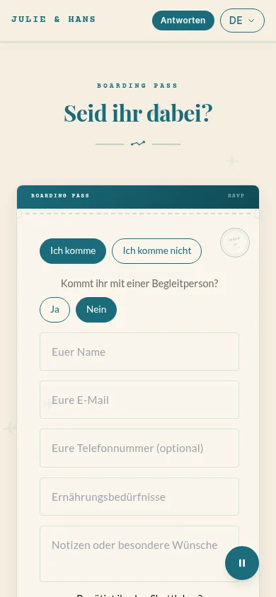 RSVP-Formular der Einladung, Handyansicht, Zusage