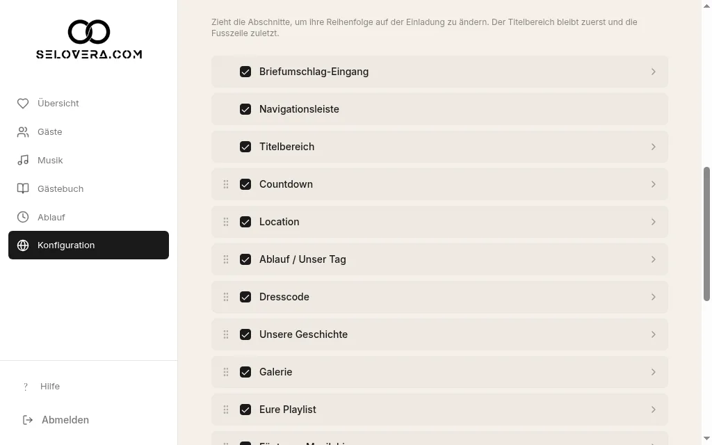 Abschnittsliste mit Kontrollkästchen und Ziehgriffen