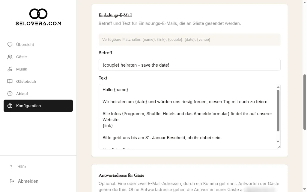 Reiter Versand, Einladungs-E-Mail mit Variablen