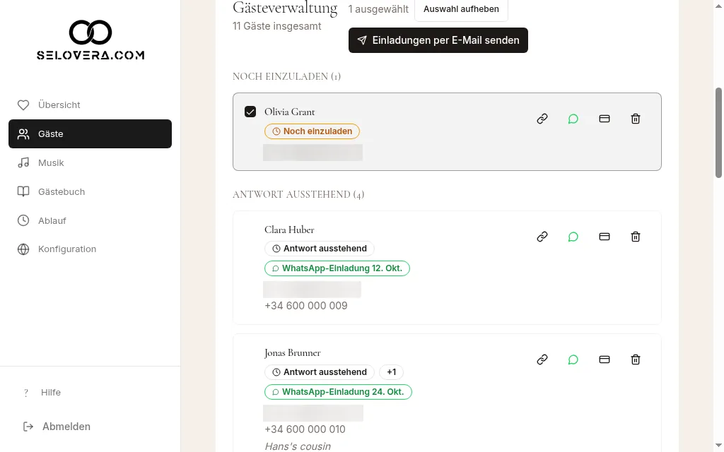 Markierte Gäste und Einladungen per E-Mail senden