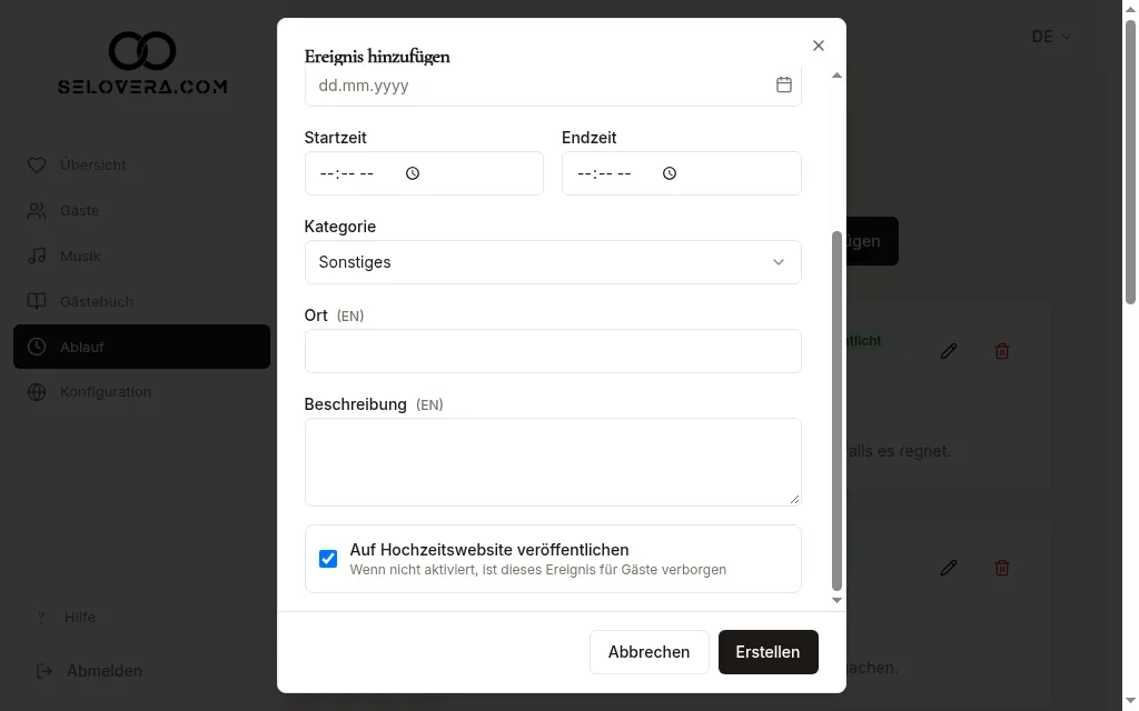 Dialog Ereignis hinzufügen mit Auf der Hochzeitswebsite veröffentlichen