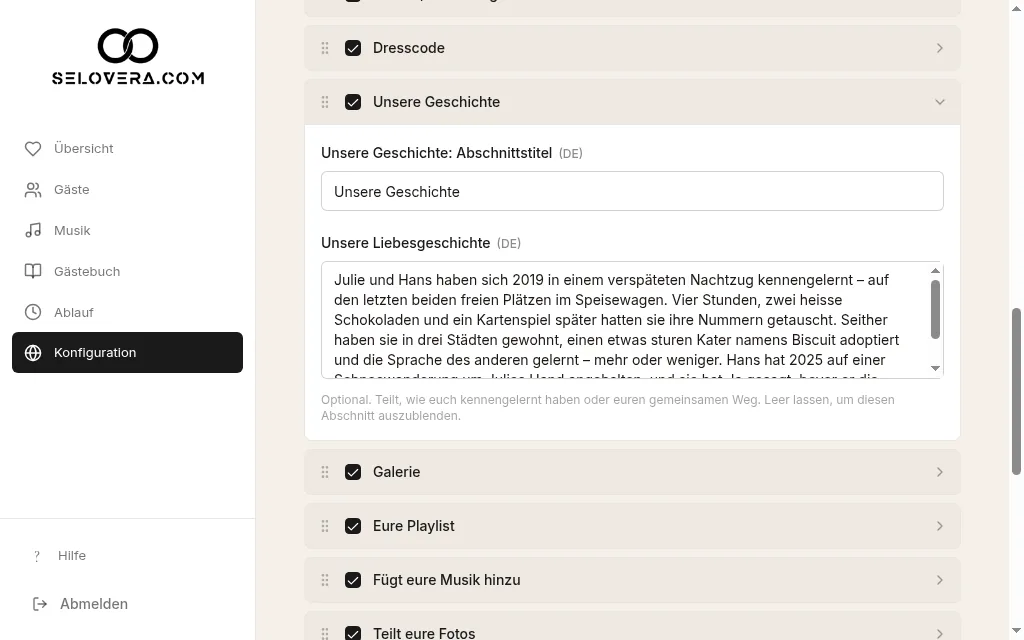 Geöffneter Abschnitt mit Textfeldern und einem Beispiel-Hinweis