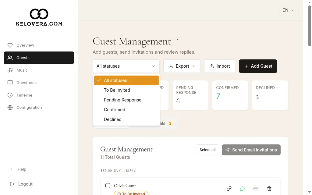 Guest list with status filter