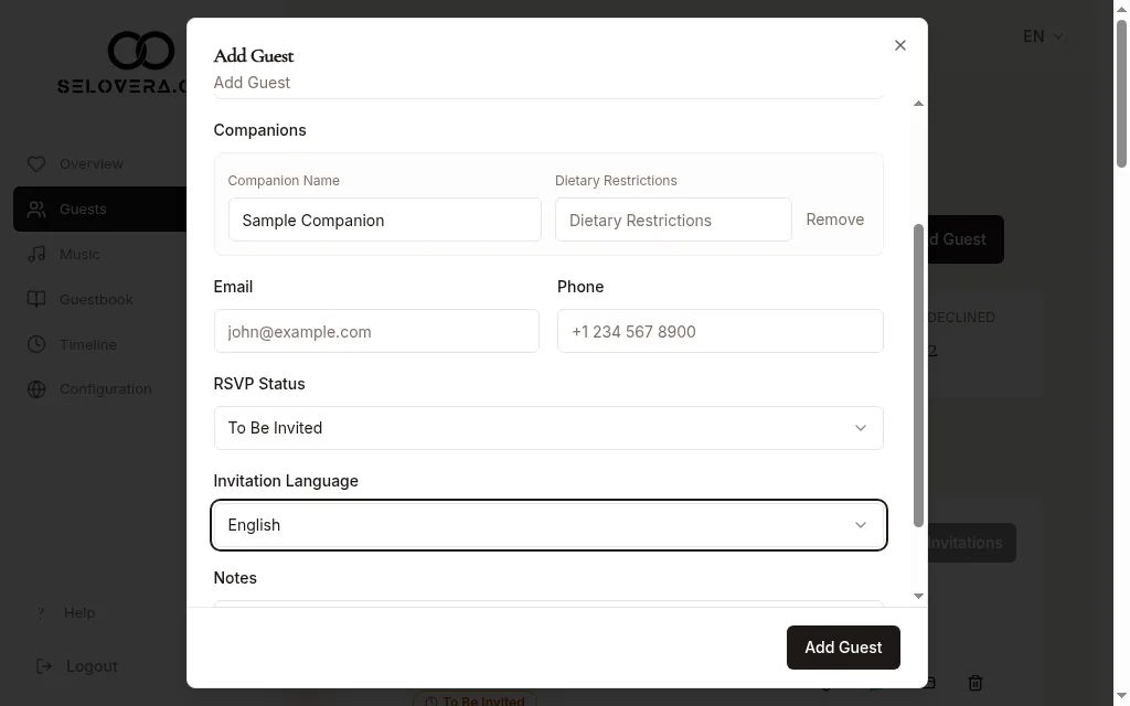 Add guest dialog with a companion and invitation language