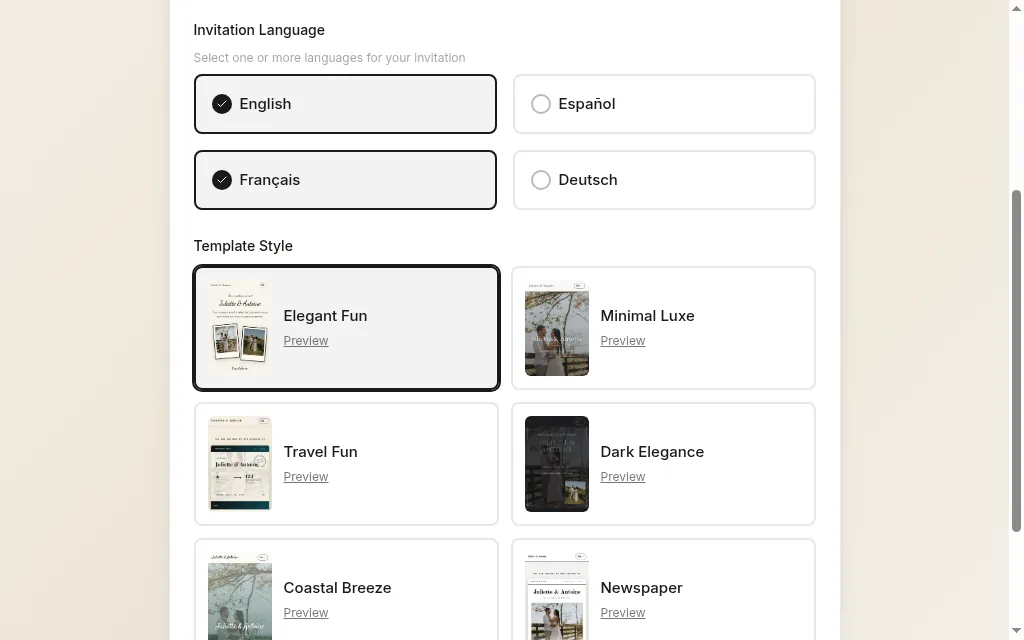 Step Design and language, with a design and languages selected