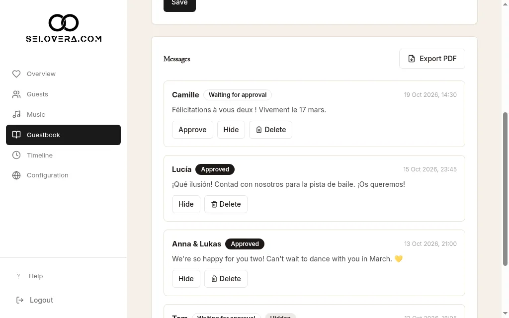 Message list with Approve, Hide, Delete and Export PDF