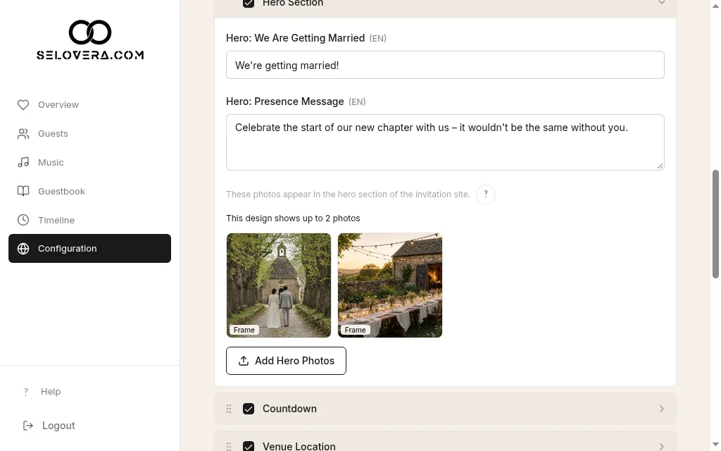 Hero section expanded, with the two-photo note and Add hero photos