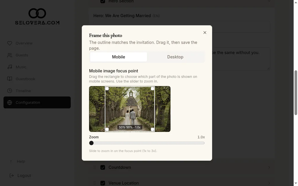 Frame this photo dialog, Mobile tab, zoom slider