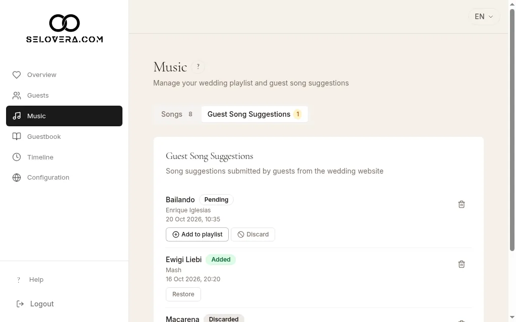 Guest suggestions with Add to playlist and Discard