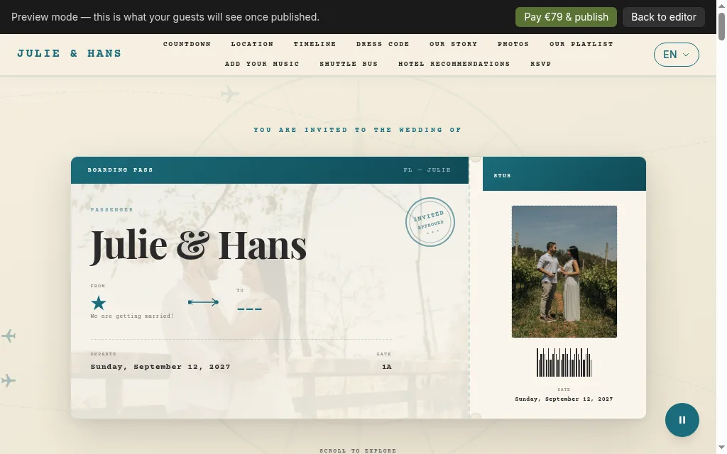 Preview with the preview bar: Pay €79 and publish, Back to editor