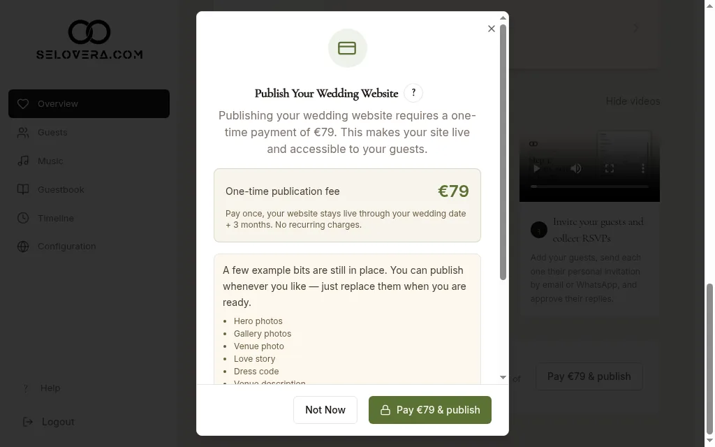 Publish your wedding website dialog