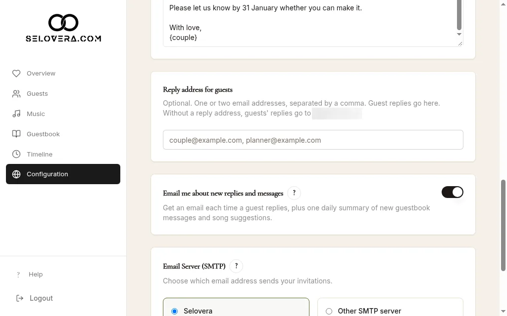 Sending tab, notifications switch and reply address for guests