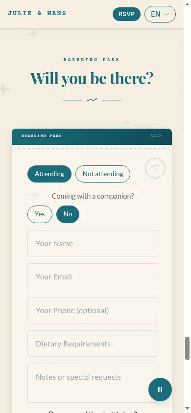 Guest RSVP form on the invitation, phone view, attending
