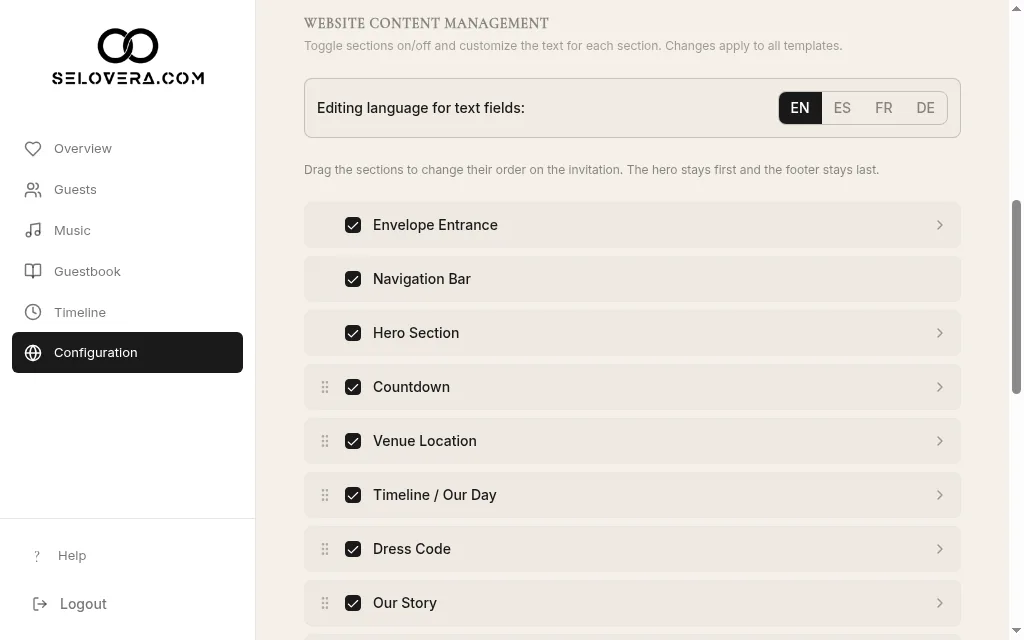 Section list with checkboxes and drag handles