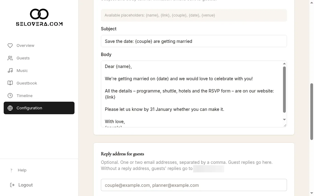 Sending tab, invitation email with placeholders