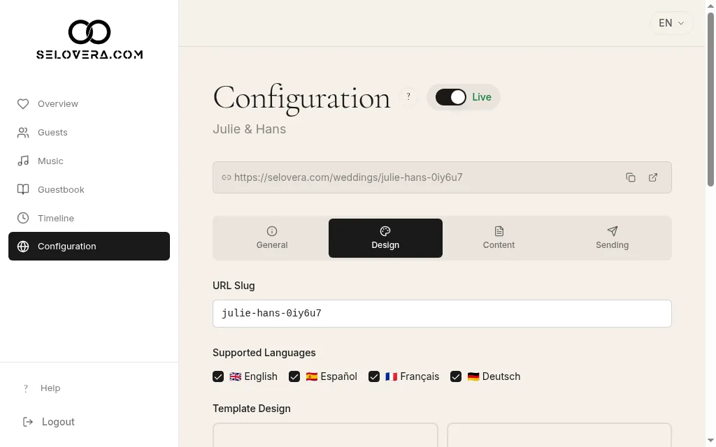 Design tab, site address and supported languages