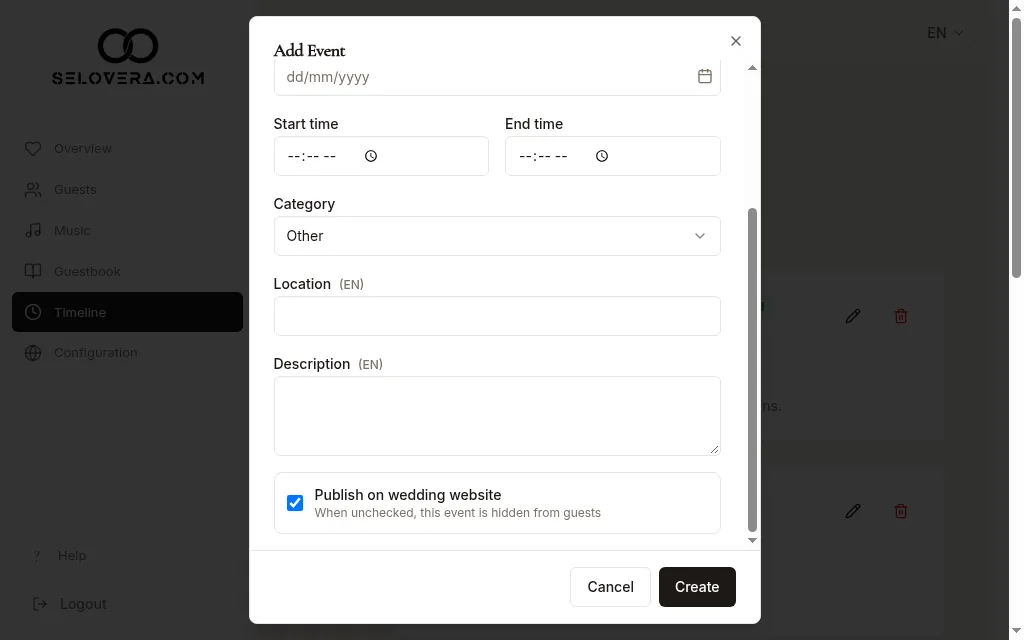 Add event dialog with Publish on wedding website