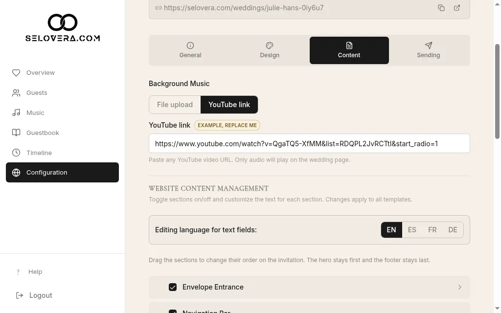 Content tab, editing-language switcher