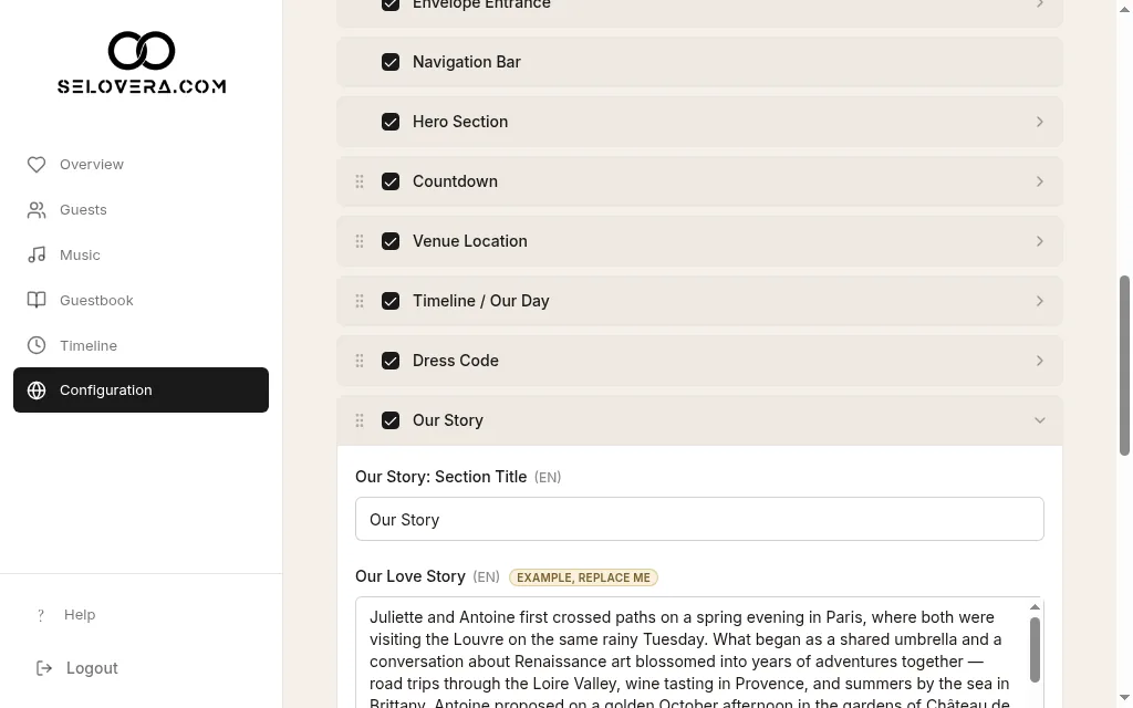 An expanded section with text fields and an example badge