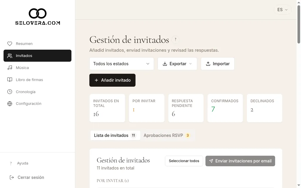 Lista de invitados con filtro de estado