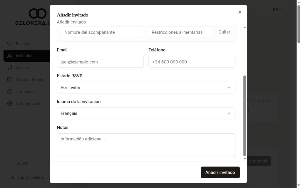 Diálogo Añadir invitado con un acompañante y el idioma de la invitación