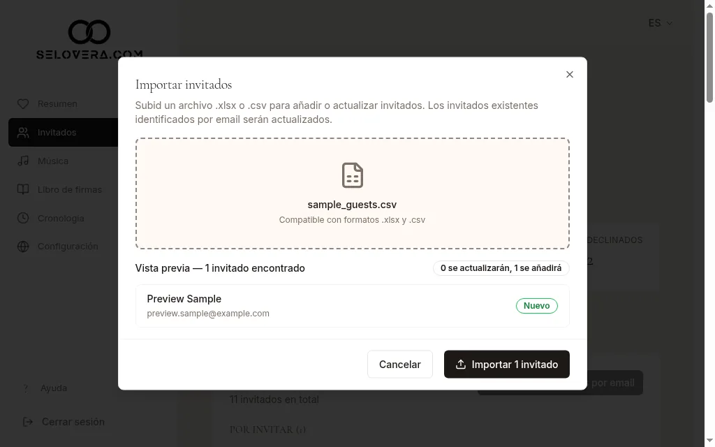 Vista previa de la importación de invitados
