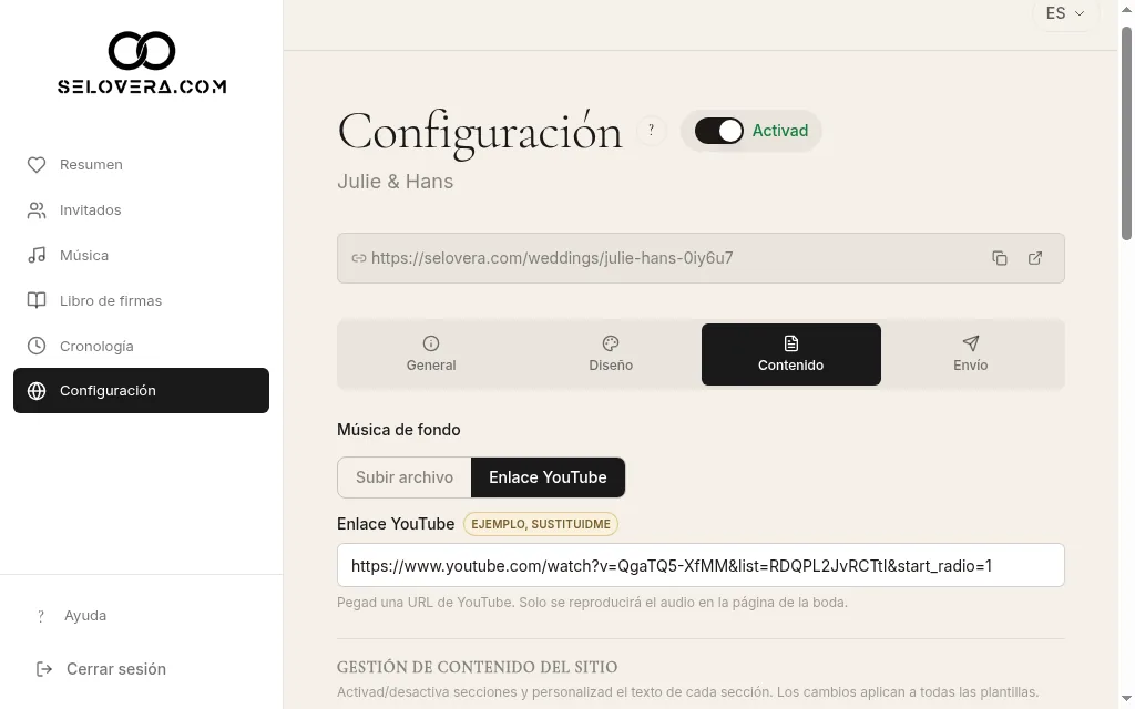 Música de fondo con subida de archivo y enlace de YouTube