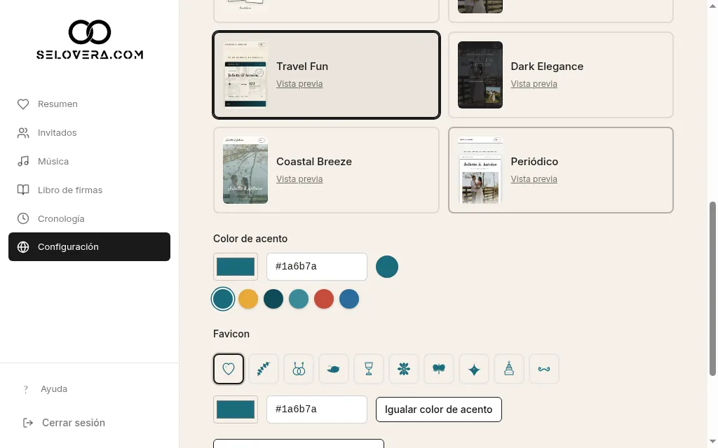 Muestras de color de acento y favicon