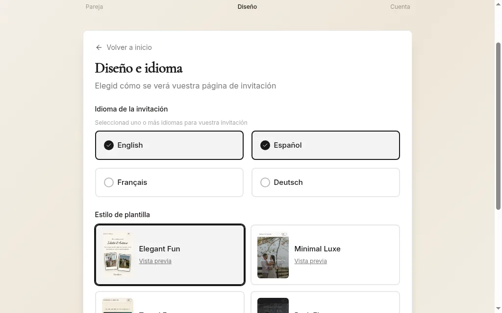 Paso Diseño e idioma, con un diseño e idiomas seleccionados