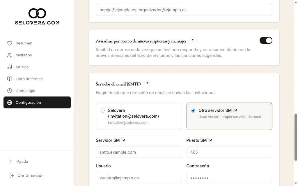 Opciones del servidor de correo (SMTP)