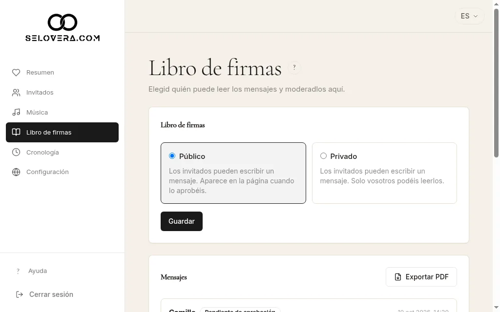 Tarjetas de modo Público y Privado, y Guardar