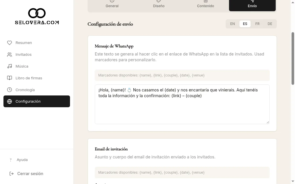Pestaña Envío, mensaje de WhatsApp