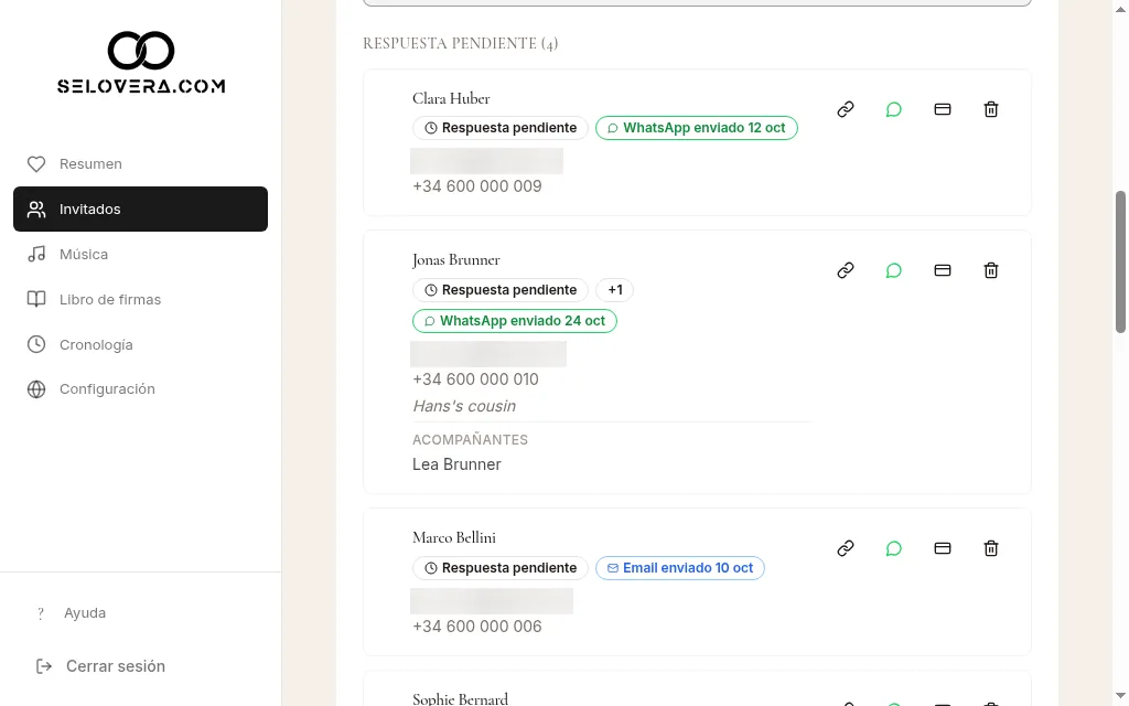 Fila de invitado con iconos de WhatsApp y copiar enlace