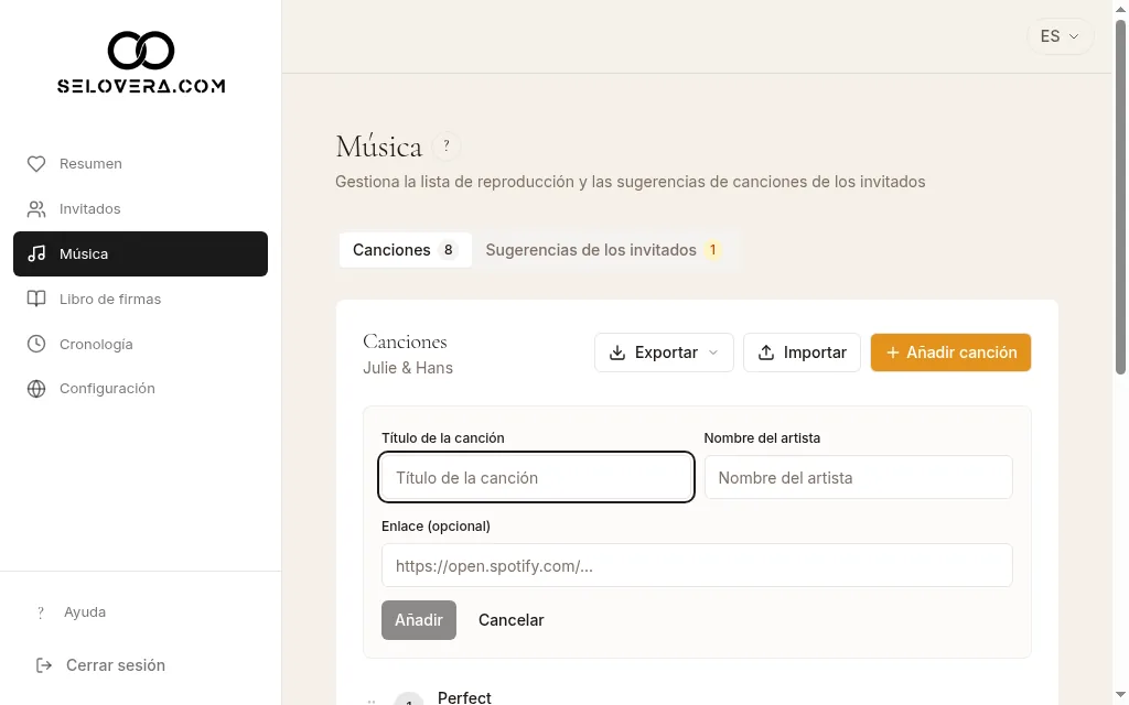 Lista de reproducción con el formulario Añadir canción