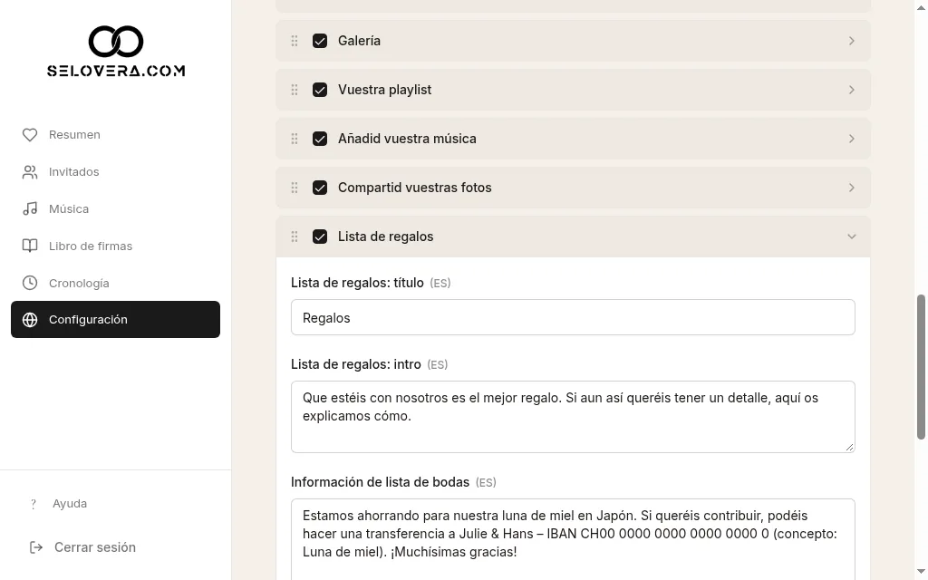 Lista de regalos desplegada