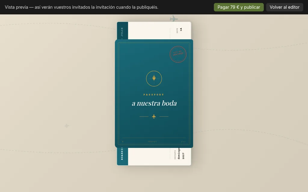Vista previa con la barra de vista previa: Pagad 79 € y publicad, Volver al editor