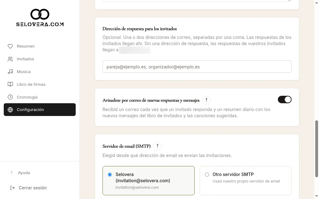 Pestaña Envío, interruptor de avisos y dirección de respuesta para los invitados