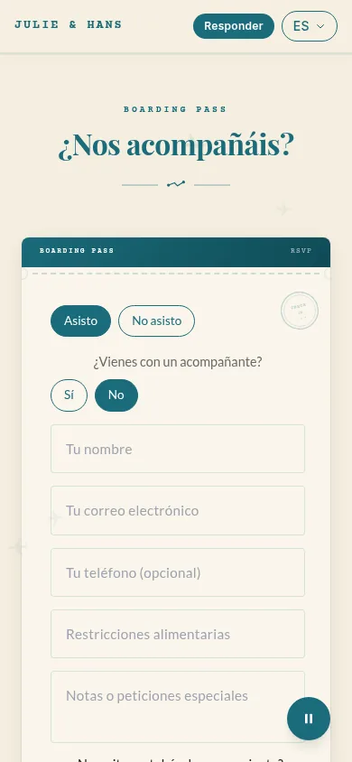 Formulario RSVP de la invitación, vista de teléfono, asiste