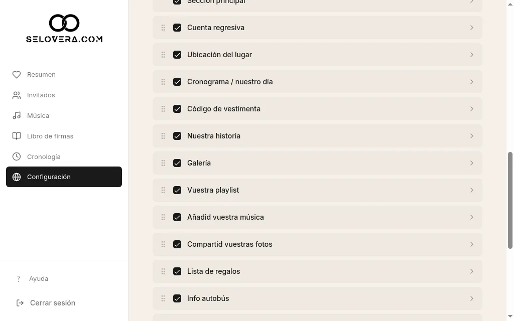 Lista de secciones con casillas y asas de arrastre